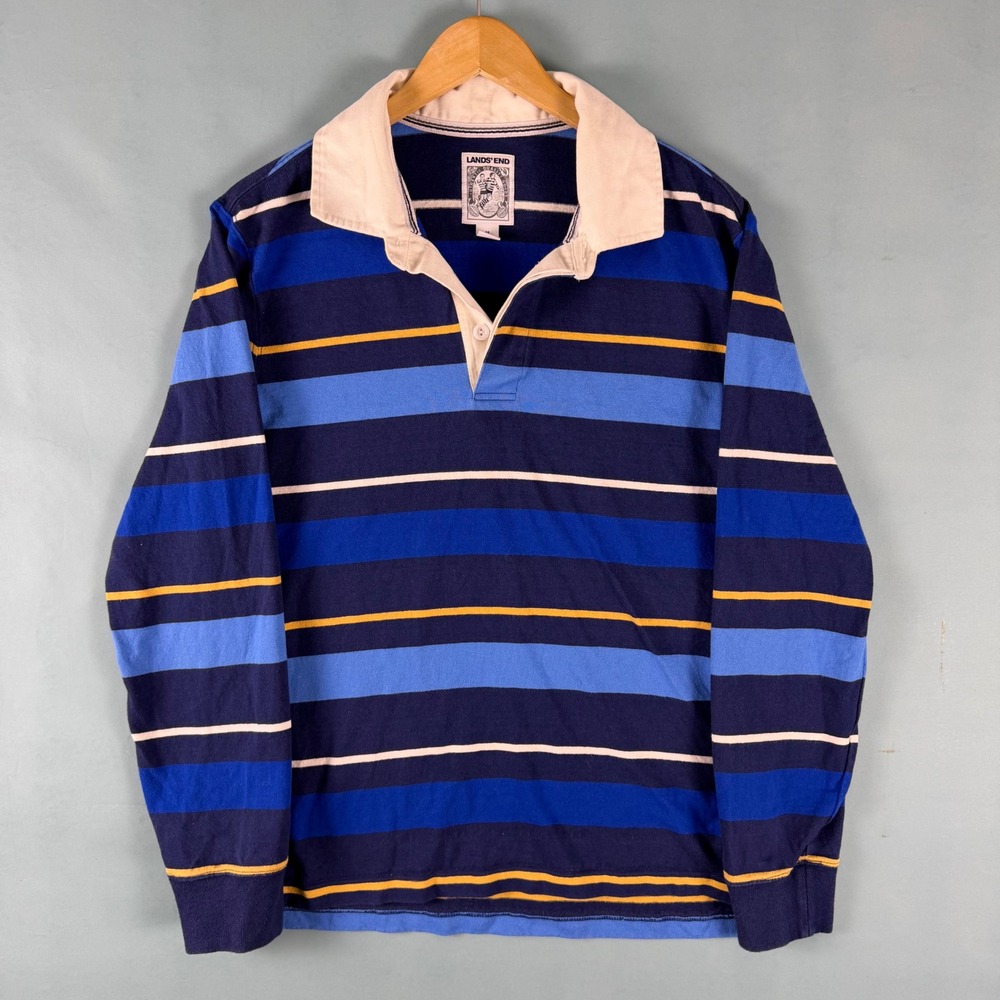 Vintage 90s Lands' End Men's M Blue Striped Rugby Shirt Heavy Cotton Long Sleeve